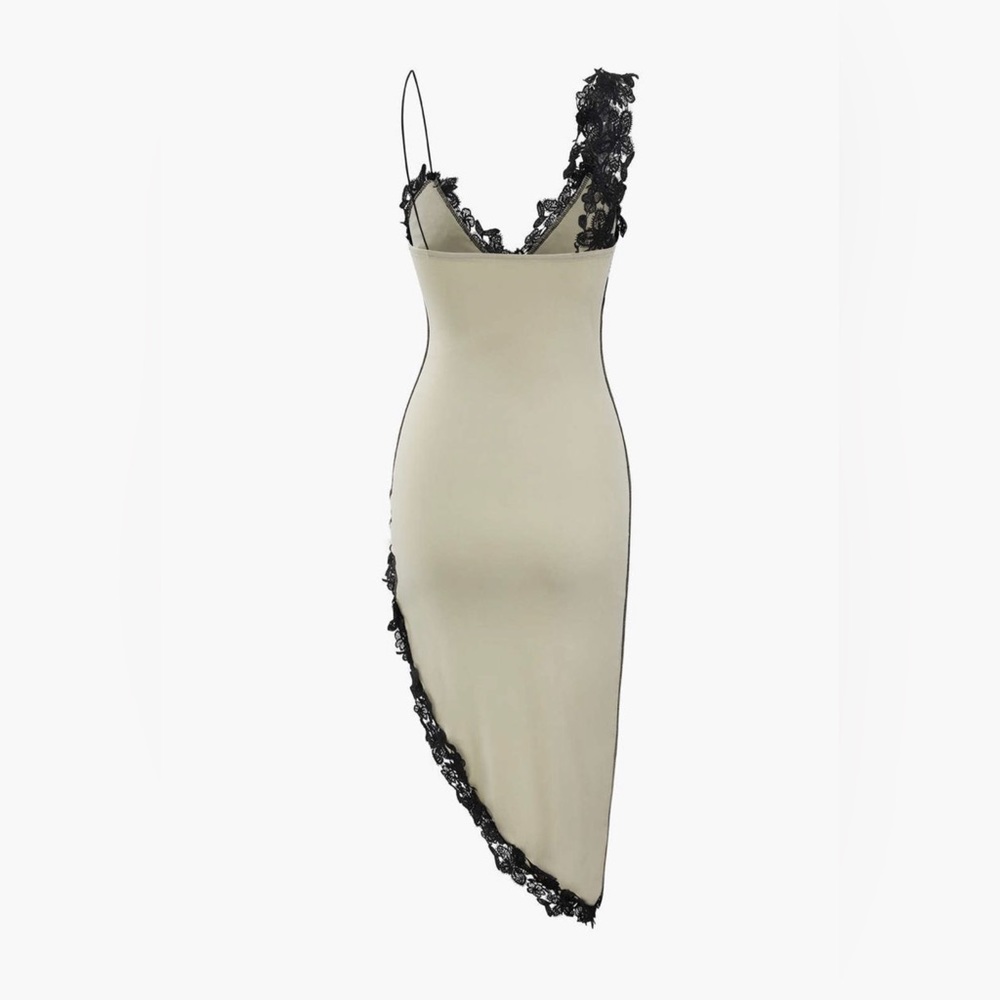Asymmetrical Lace-Trim Bodycon Dress - Black on Cream - Picture 3 of 5